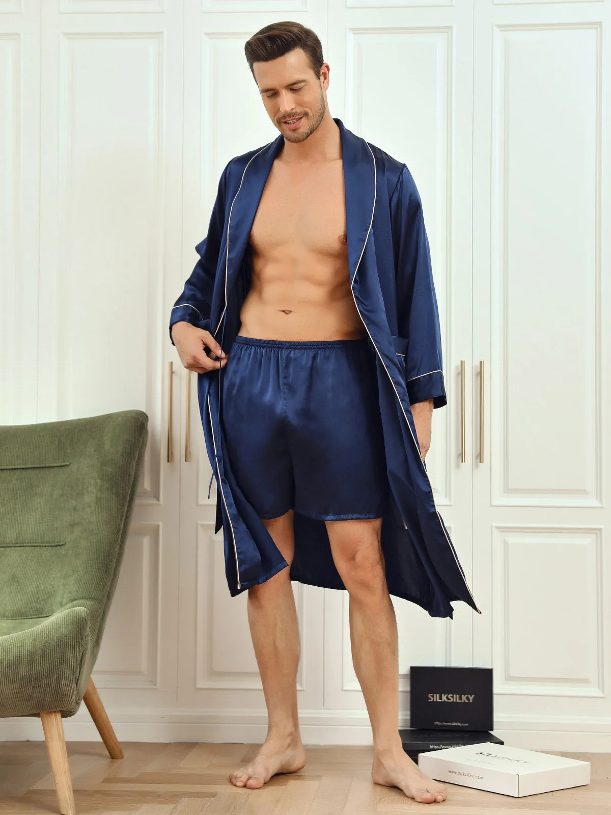 Pure Silk Piping Trim Belted Mens Dressing Gown   Shorts 2Pcs