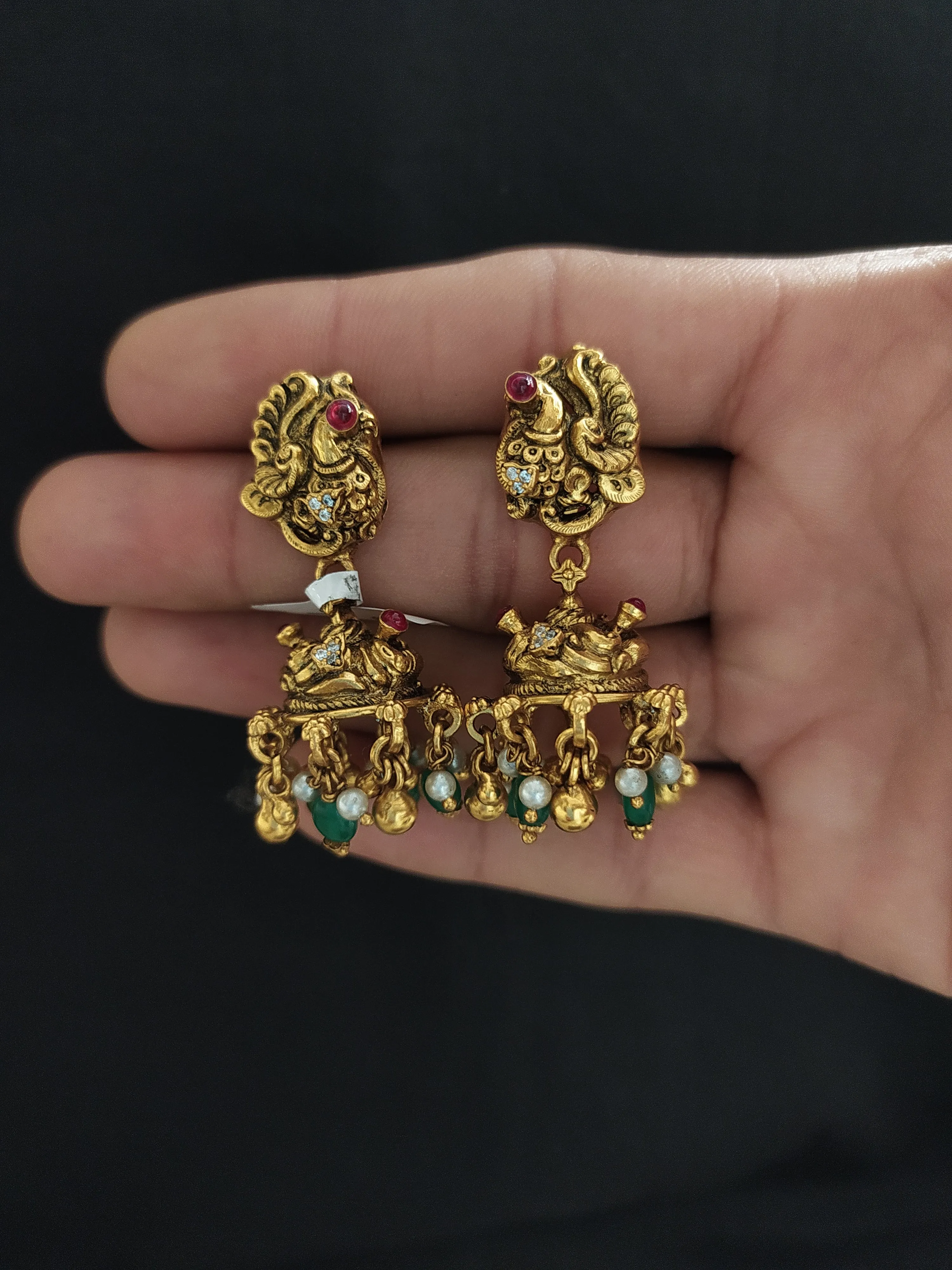 Pure Silver Antique Nakshi Work Peacock Jhumki with Zircon and Semi-Precious Stones