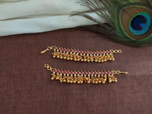 Pure Silver Gold Plated Antique Matil (Ear-chain) Adorned with Ruby Stone