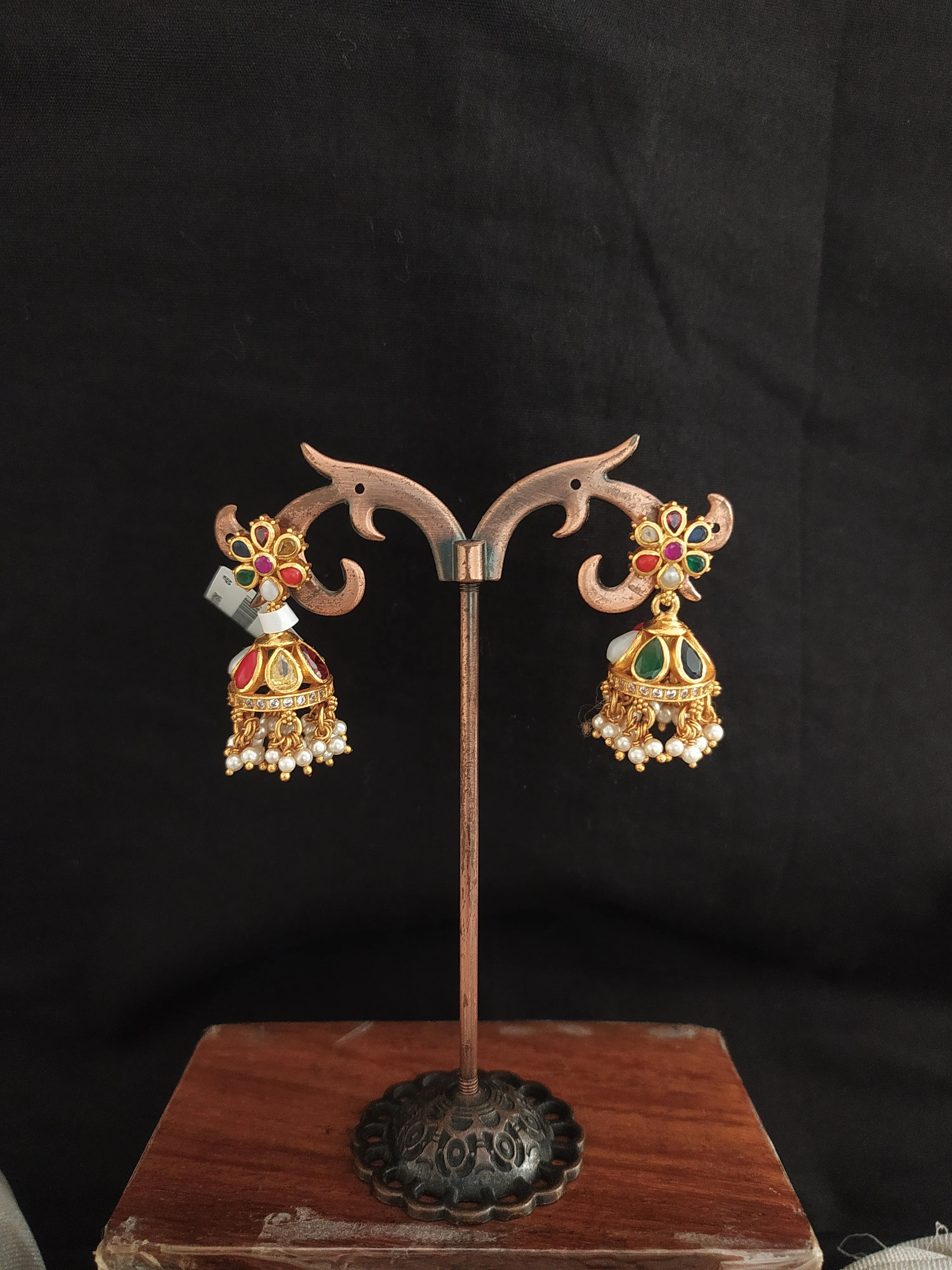 Pure Silver Navaratna Jhumki with Semi-Precious Stones & Screw-Back Closure