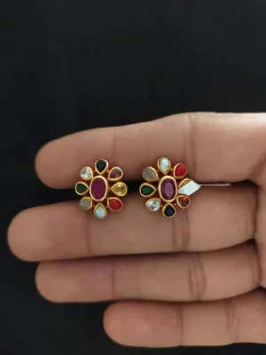 Pure Silver Navaratna Studs in Screw-Back