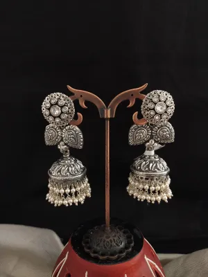 Pure Silver Oxidized Jhumki with Floral Design and Pearl Drops