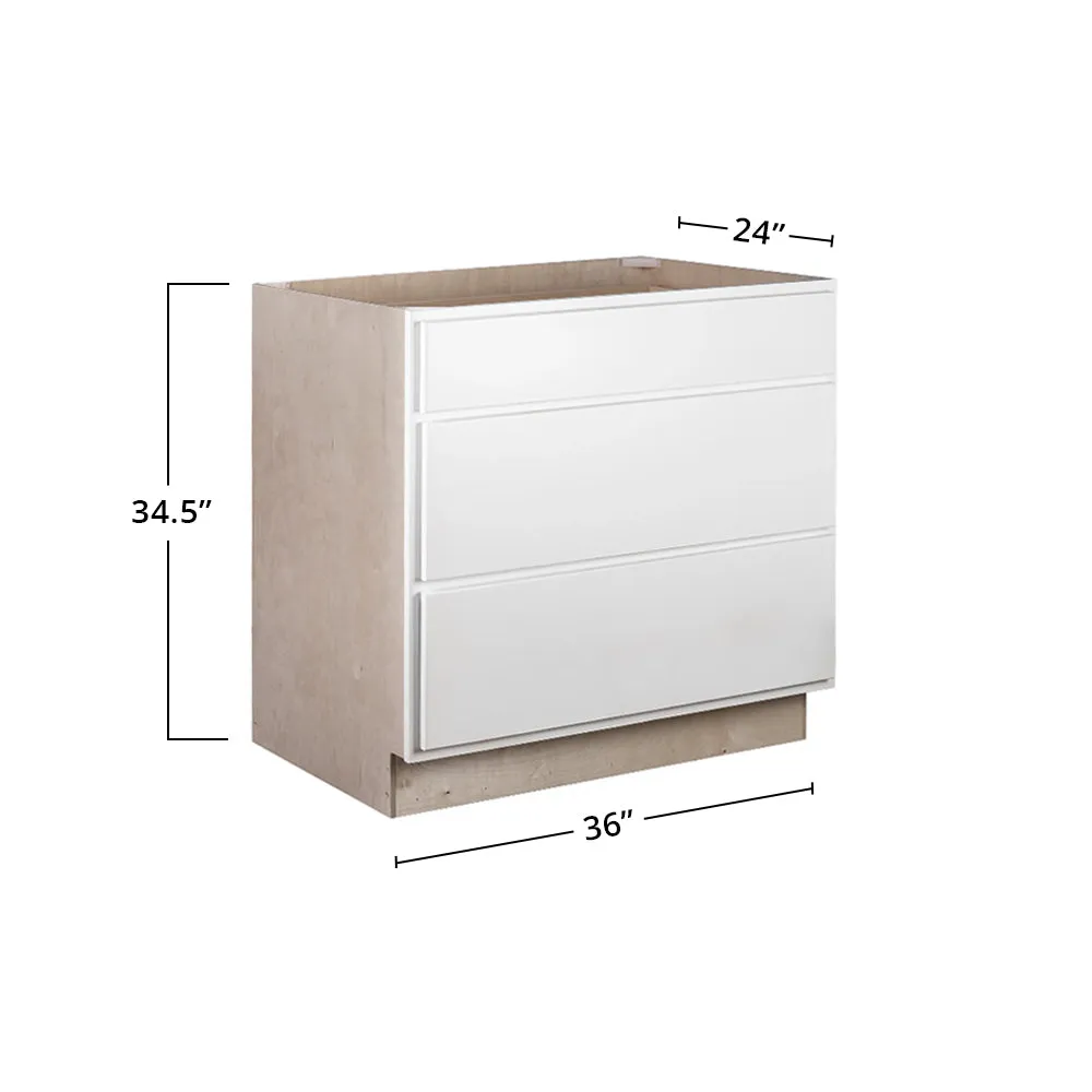 Pure White 36" 3-Drawer Base Cabinet