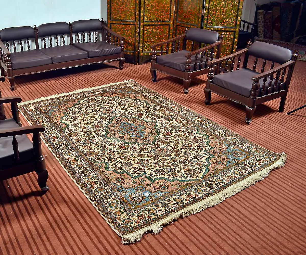 Pure White Kashan Silk Carpet