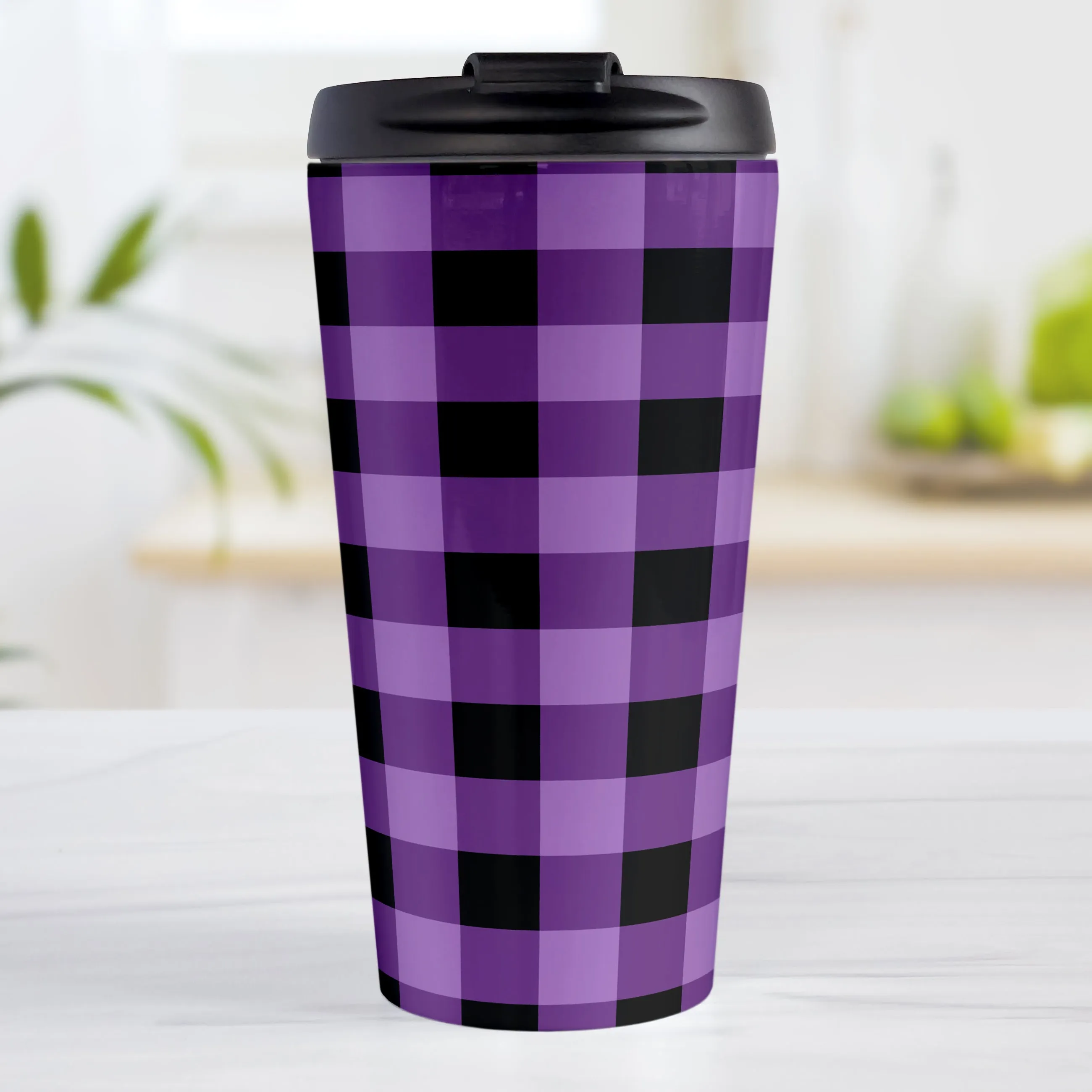 Purple and Black Buffalo Plaid Travel Mug