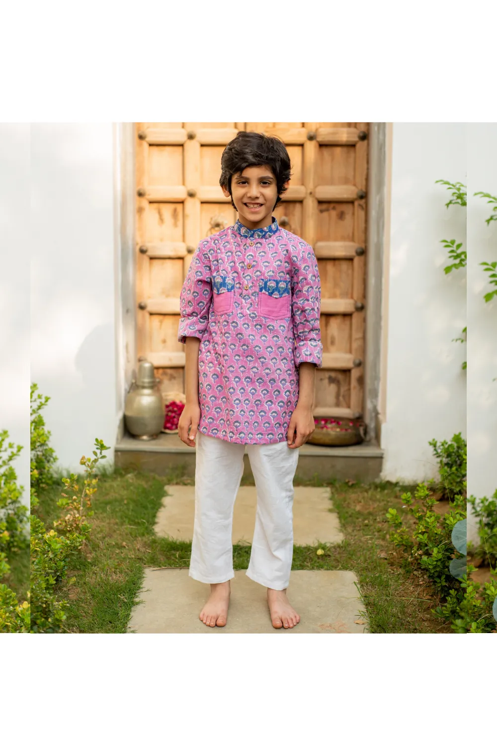 Purple And Blue Floral Printed Cotton Kurta With Pant Set