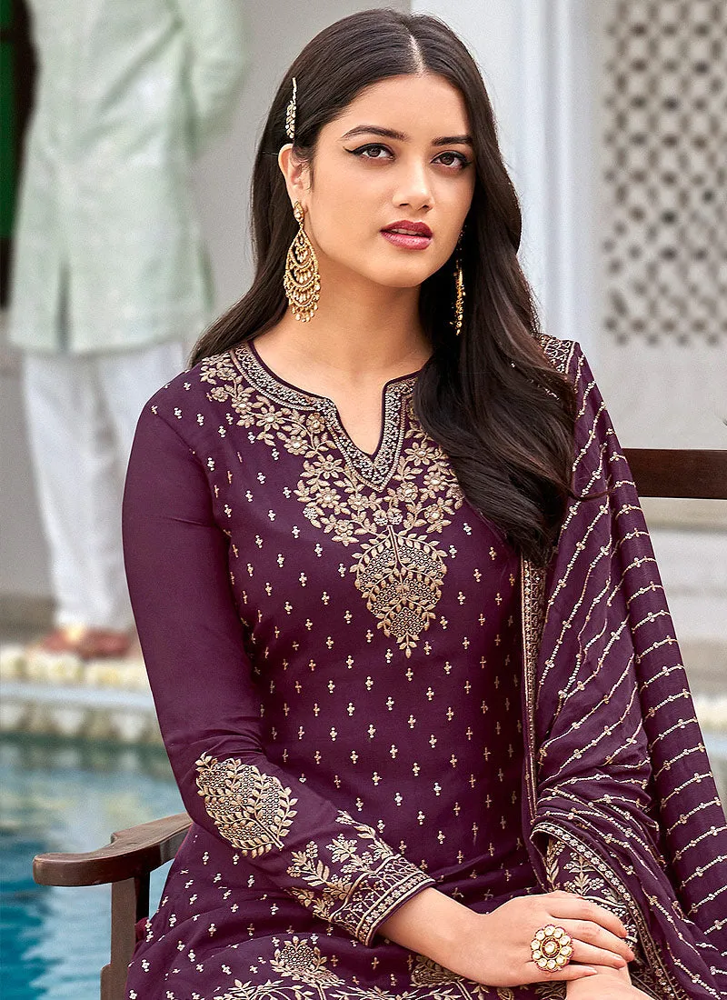 Purple And Gold Embroidered Georgette Gharara Suit