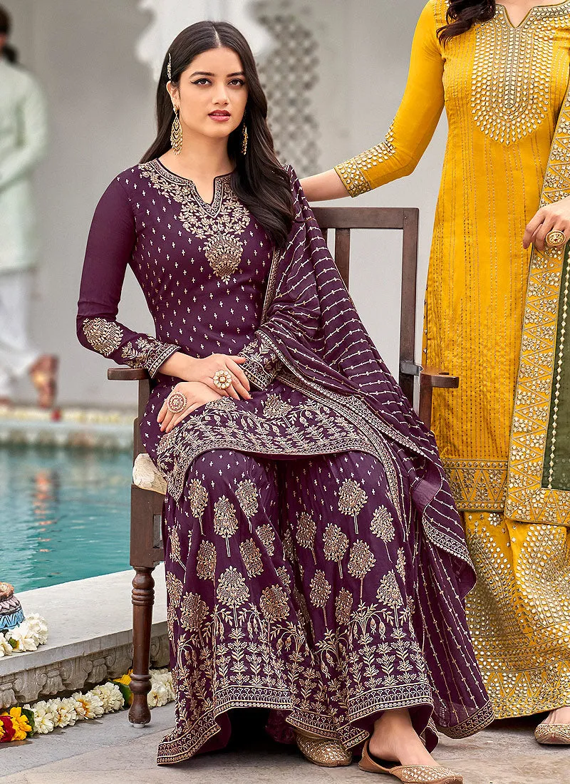 Purple And Gold Embroidered Georgette Gharara Suit