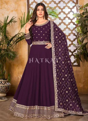 Purple and Gold Embroidered Gorgette Anarkali Suit