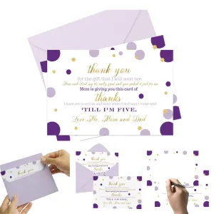 Purple and Gold Girls Baby Shower Thank You Cards - 15 Pack Elegant Notecards, 4x6