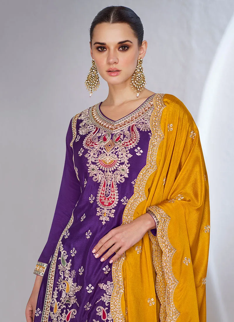 Purple And Green Embroidered Wedding Palazzo Suit