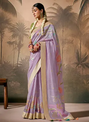 Purple And Green Floral Munga Silk Saree