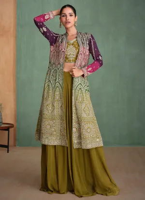 Purple And Olive Ombre Embroidered Jacket Style Sharara Suit