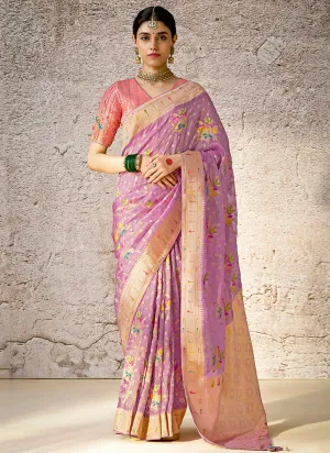 Purple And Peach Floral Kora Banarasi Silk Saree