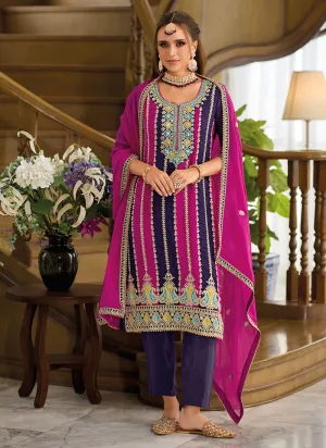 Purple And Pink Thread Embroidery Pant Style Suit