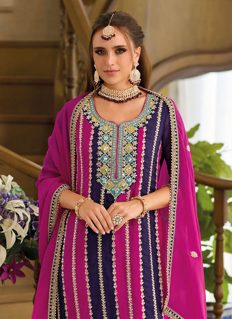 Purple And Pink Thread Embroidery Pant Style Suit