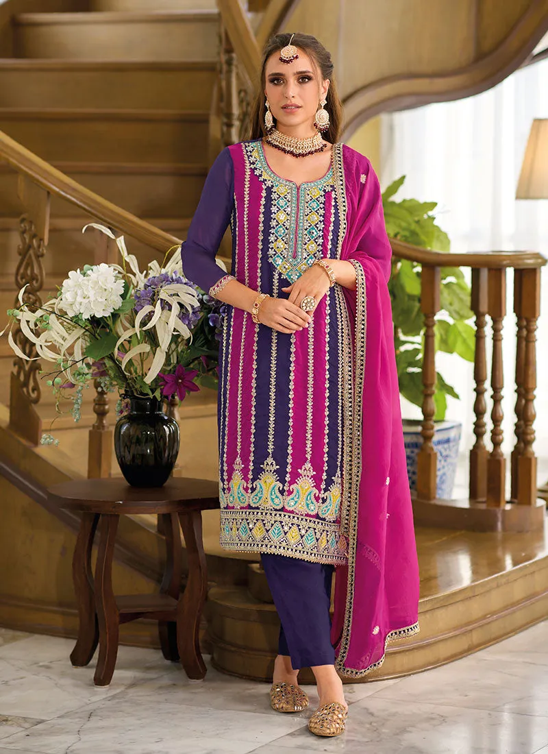 Purple And Pink Thread Embroidery Pant Style Suit