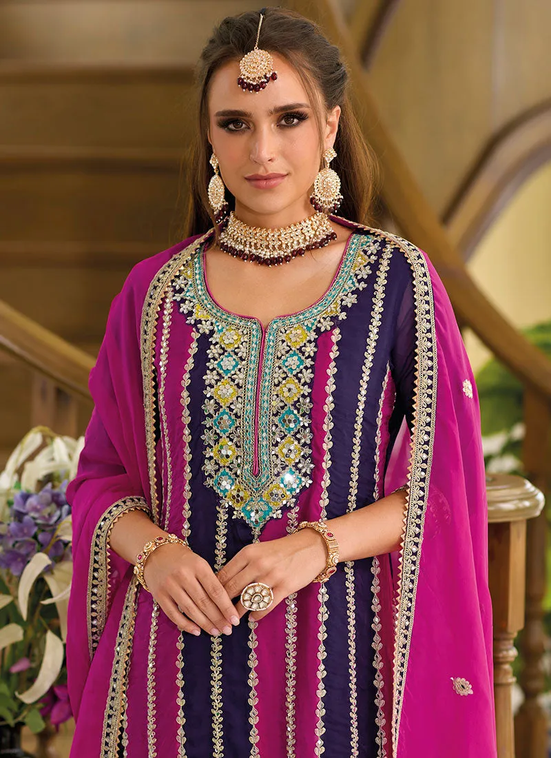 Purple And Pink Thread Embroidery Pant Style Suit