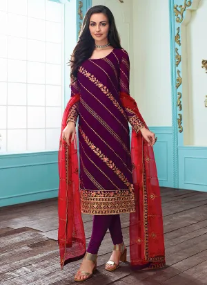 Purple And Red Embroidered Indian Churidar Suit