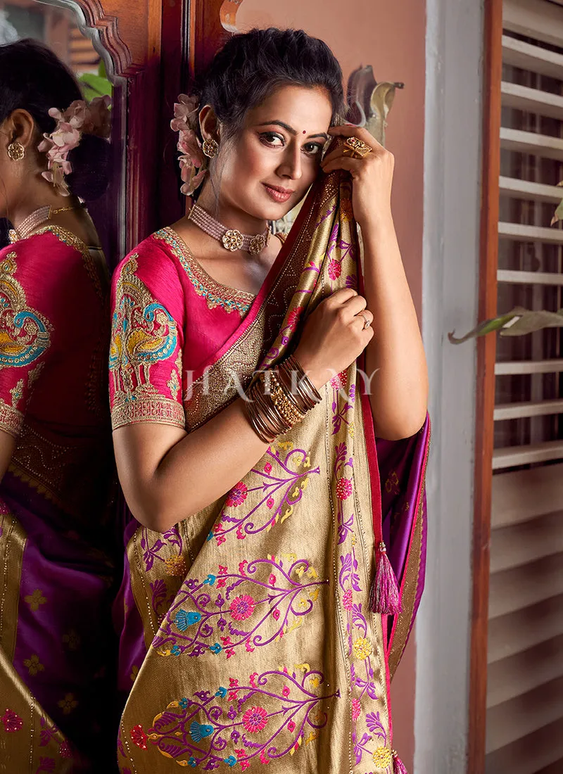 Purple And Red Traditional Embroidered Silk Saree