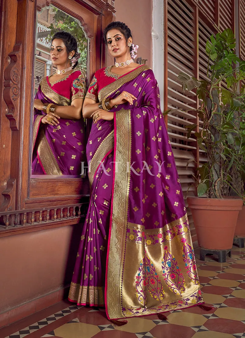 Purple And Red Traditional Embroidered Silk Saree