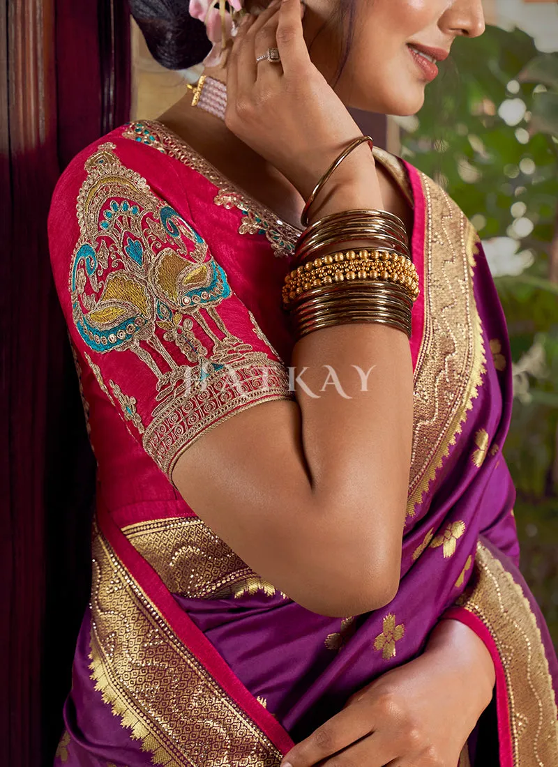 Purple And Red Traditional Embroidered Silk Saree