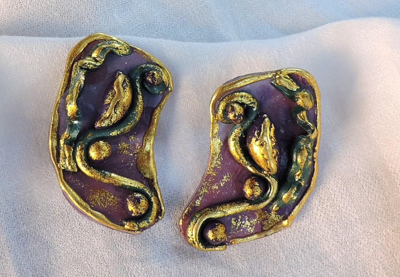 Purple and Teal w/Gold Trim Clay Earrings