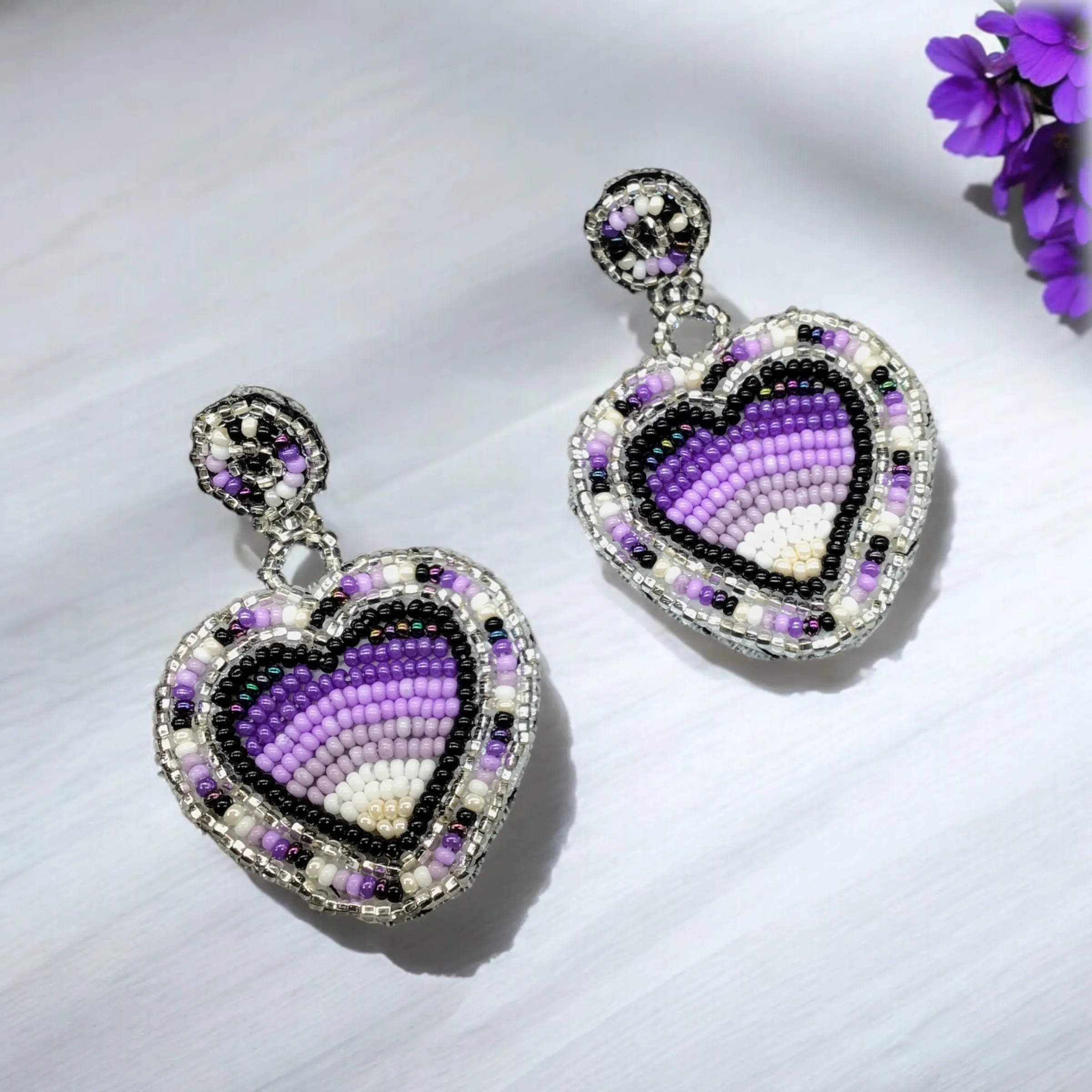 Purple and White Heart Beaded Earrings