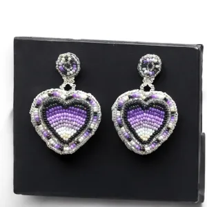 Purple and White Heart Beaded Earrings