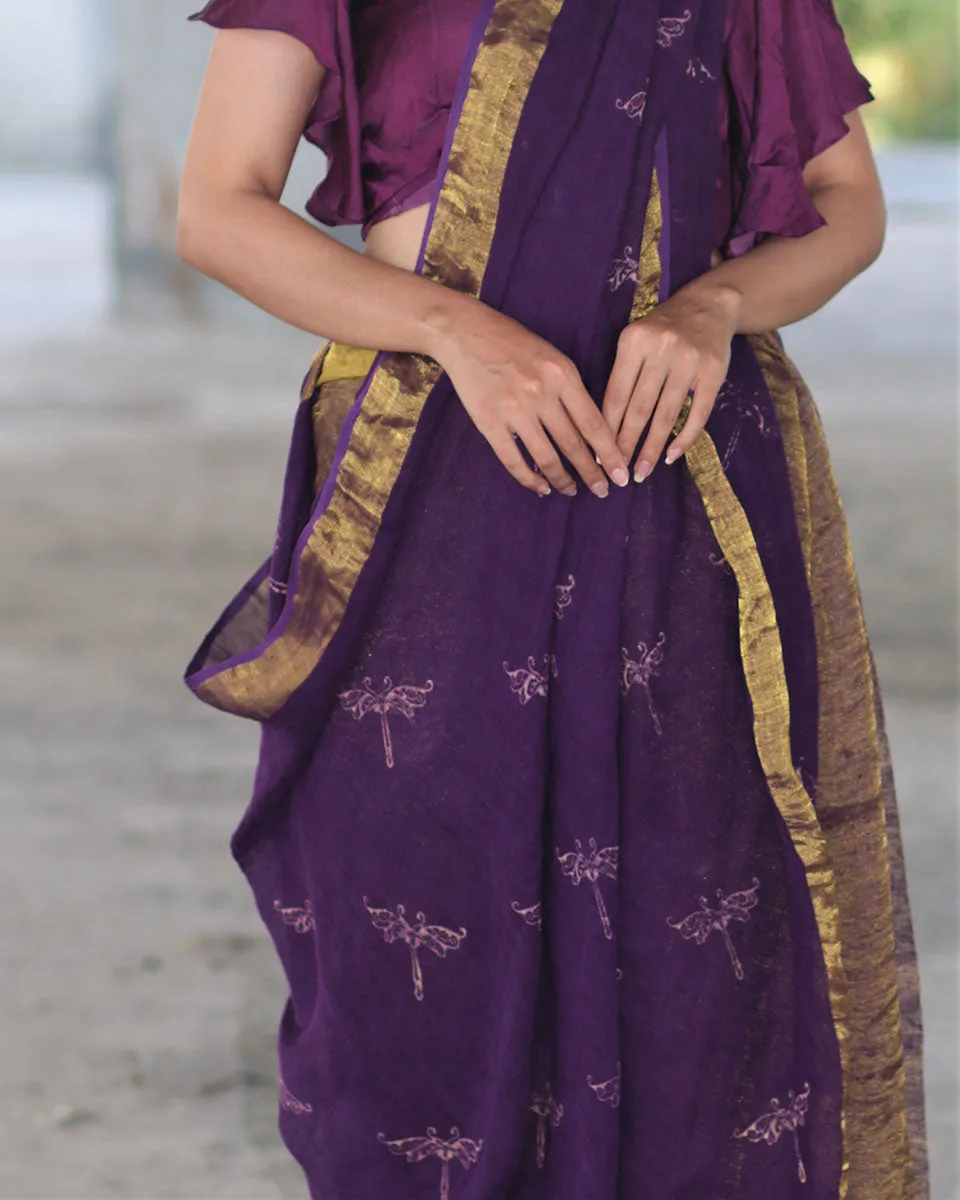 Purple Block Printed Handwoven Linen Zari Saree -Anant