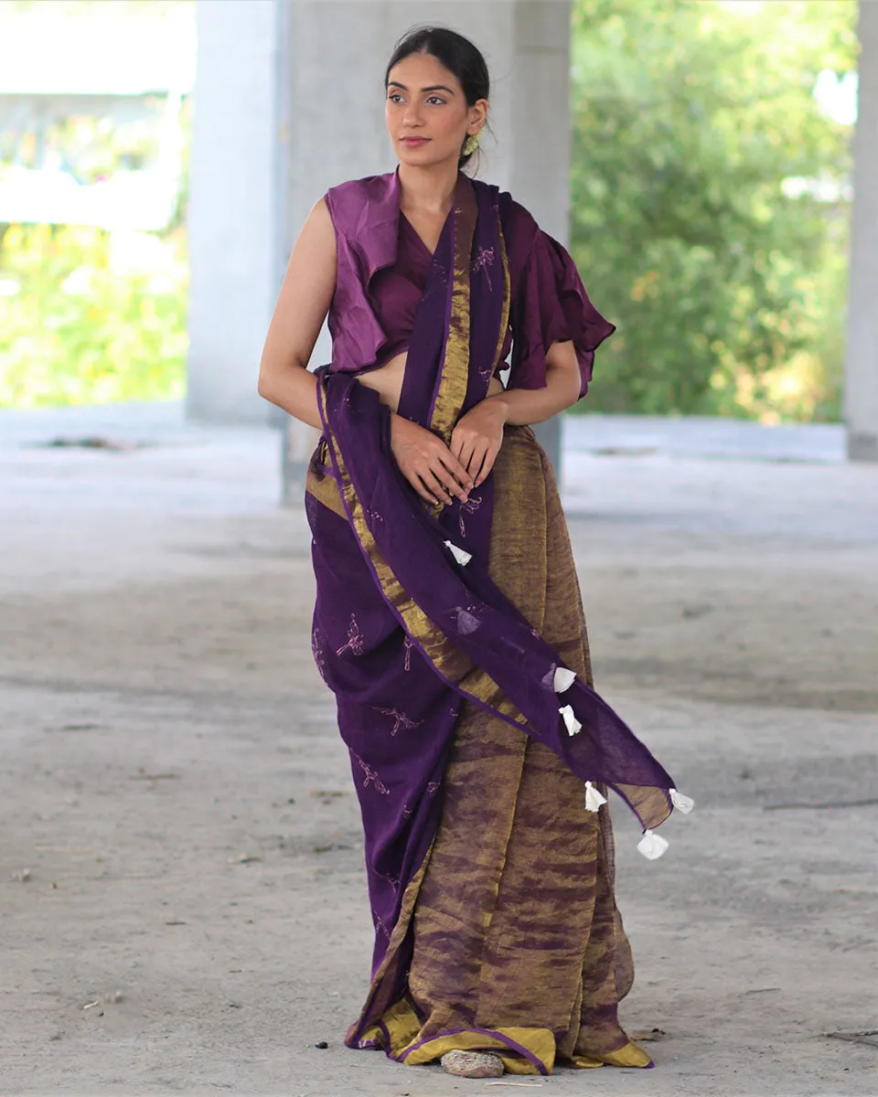 Purple Block Printed Handwoven Linen Zari Saree -Anant