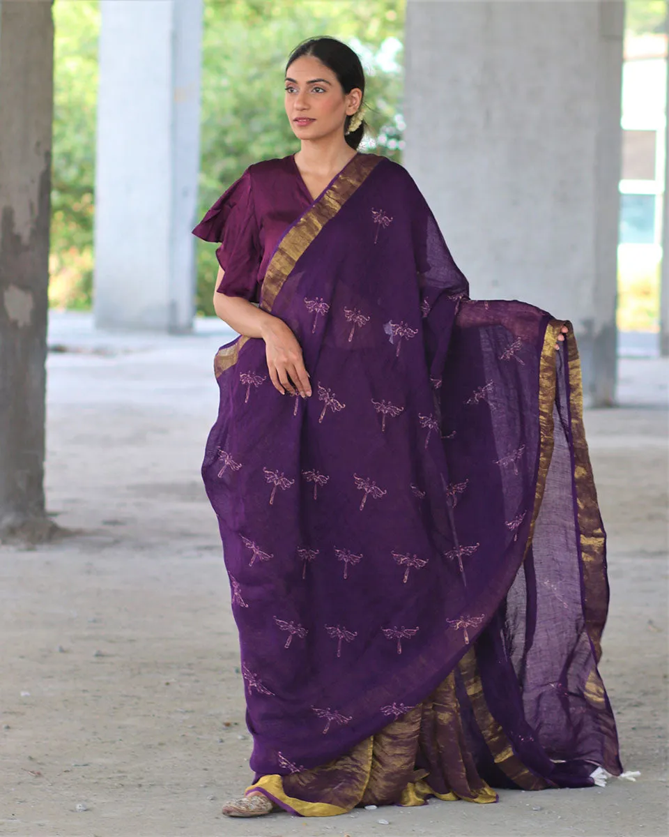 Purple Block Printed Handwoven Linen Zari Saree -Anant