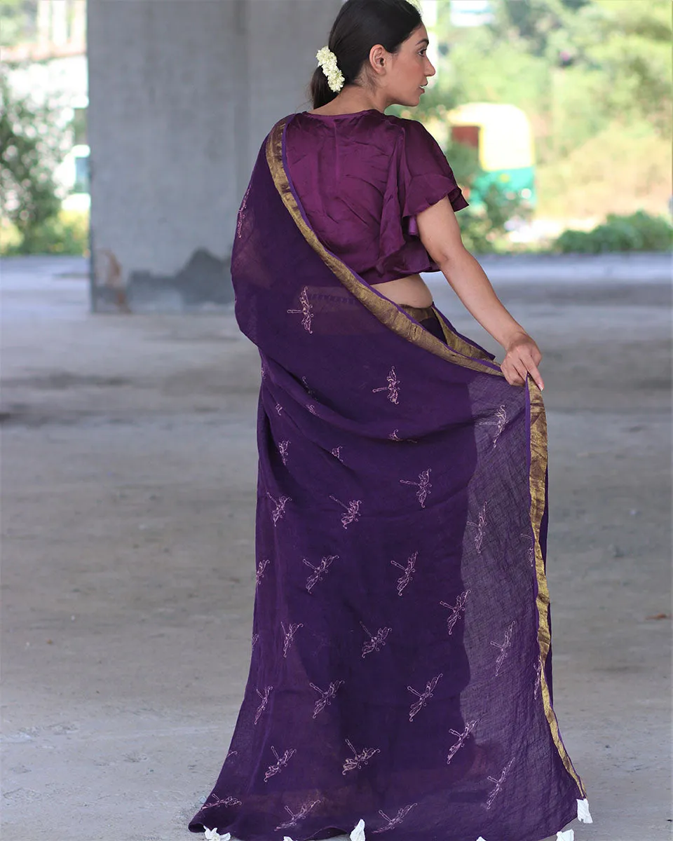 Purple Block Printed Handwoven Linen Zari Saree -Anant