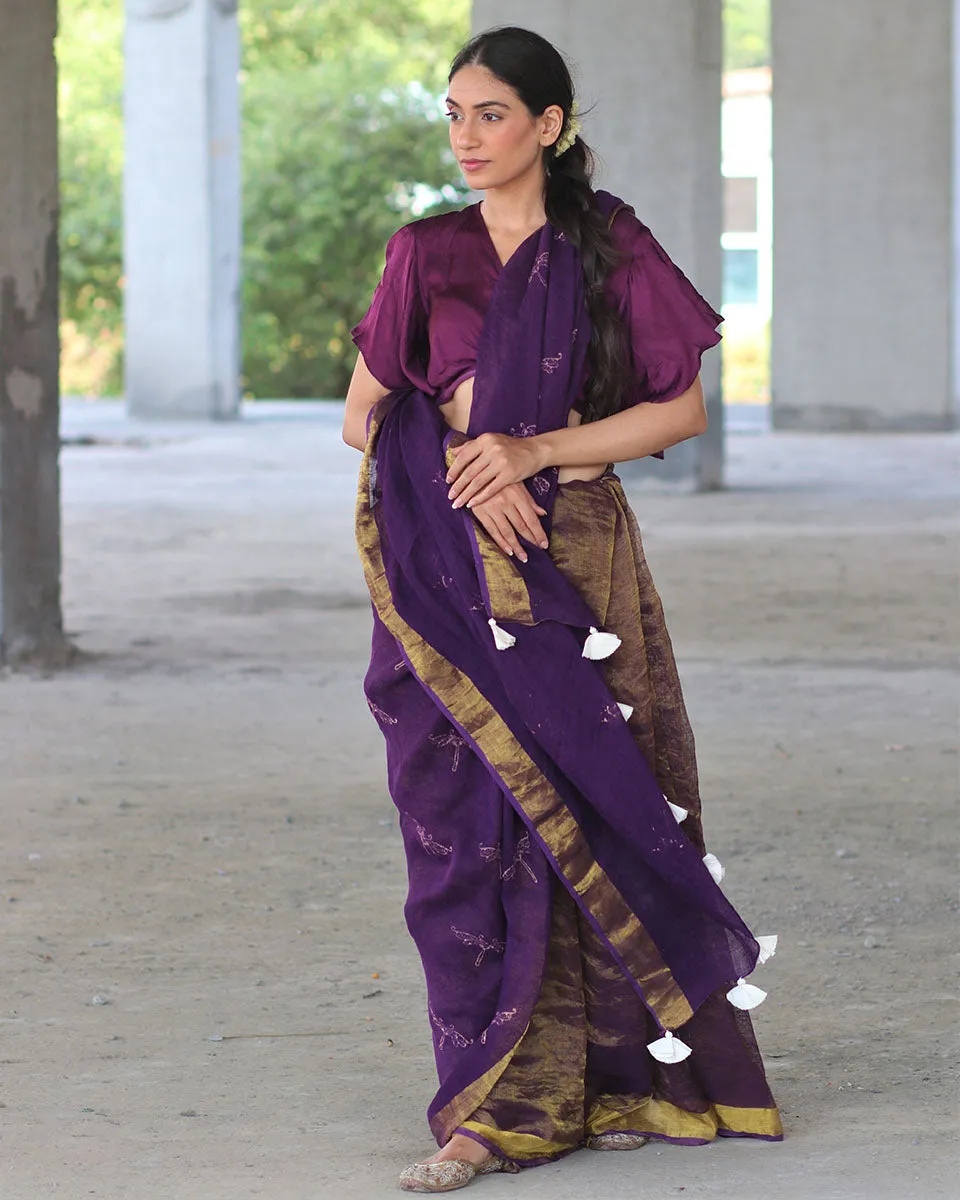 Purple Block Printed Handwoven Linen Zari Saree -Anant