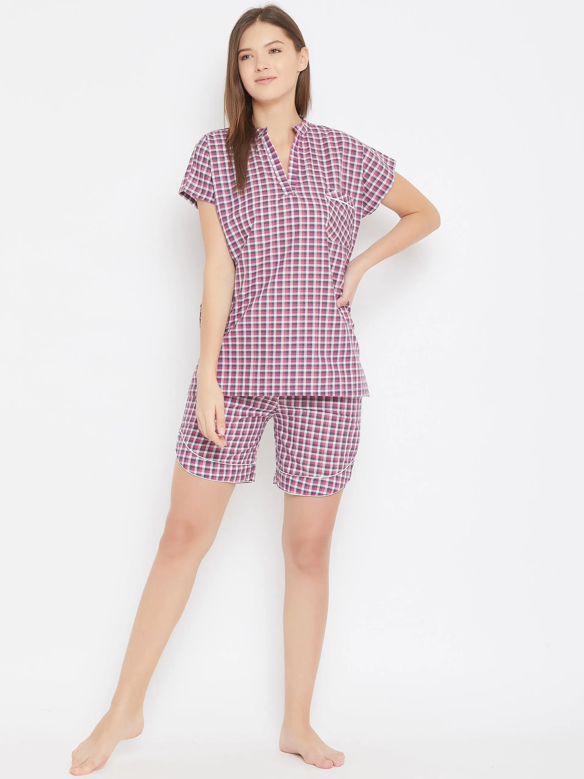 Purple Checks Shorts Nightwear Set