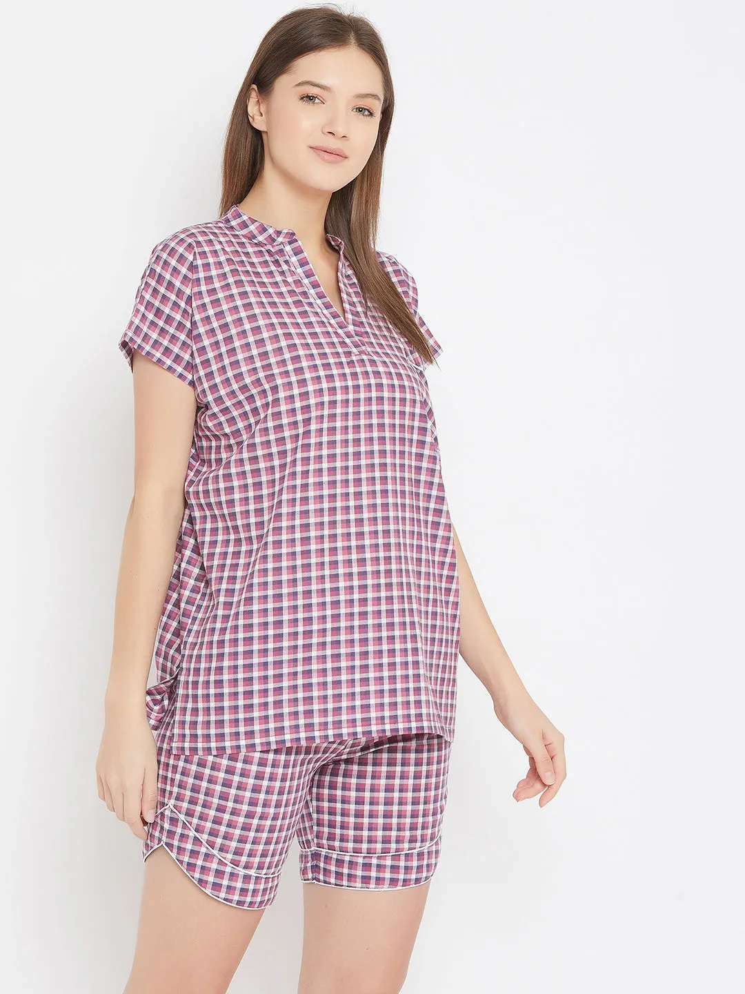 Purple Checks Shorts Nightwear Set