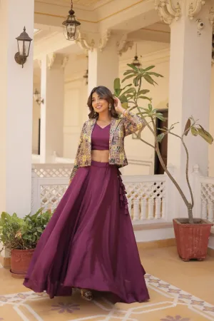 Purple Chinnon Lehenga Set with Sleeveless Blouse and Jacquard Koti