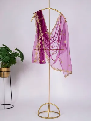 Purple Color Embroidery Cut Work and Stonework Net Dupatta