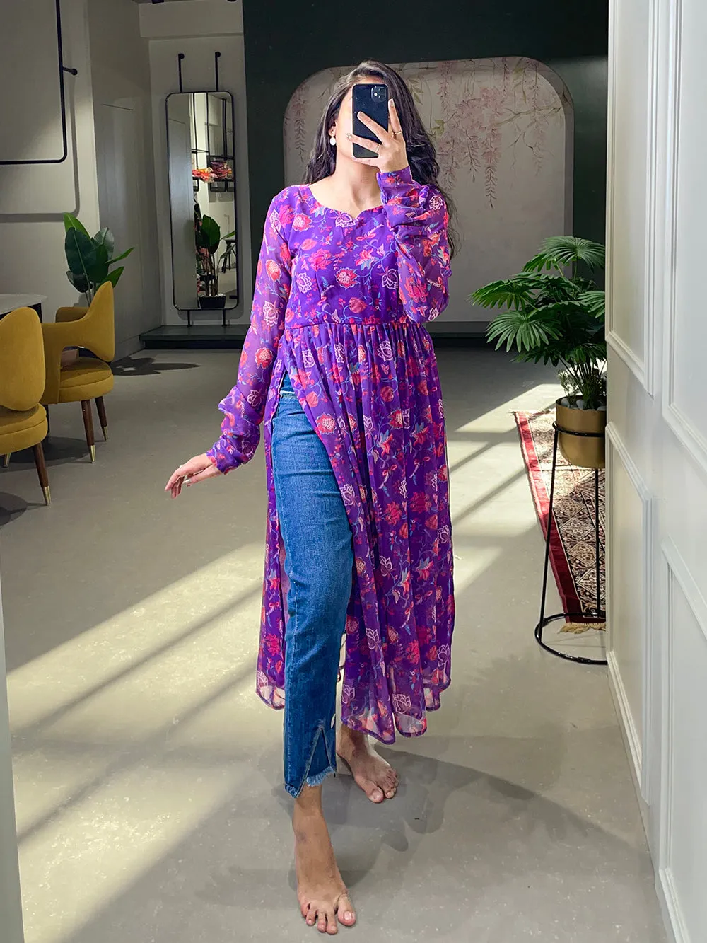 Purple Color Floral Printed Georgette Material Naira Cut Kurti