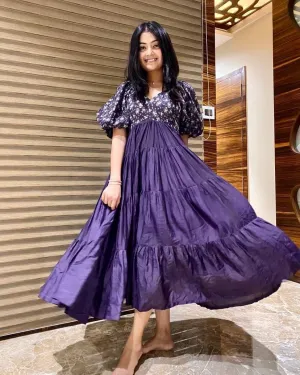 Purple Color Ruffle Style Embroidery Work Dress