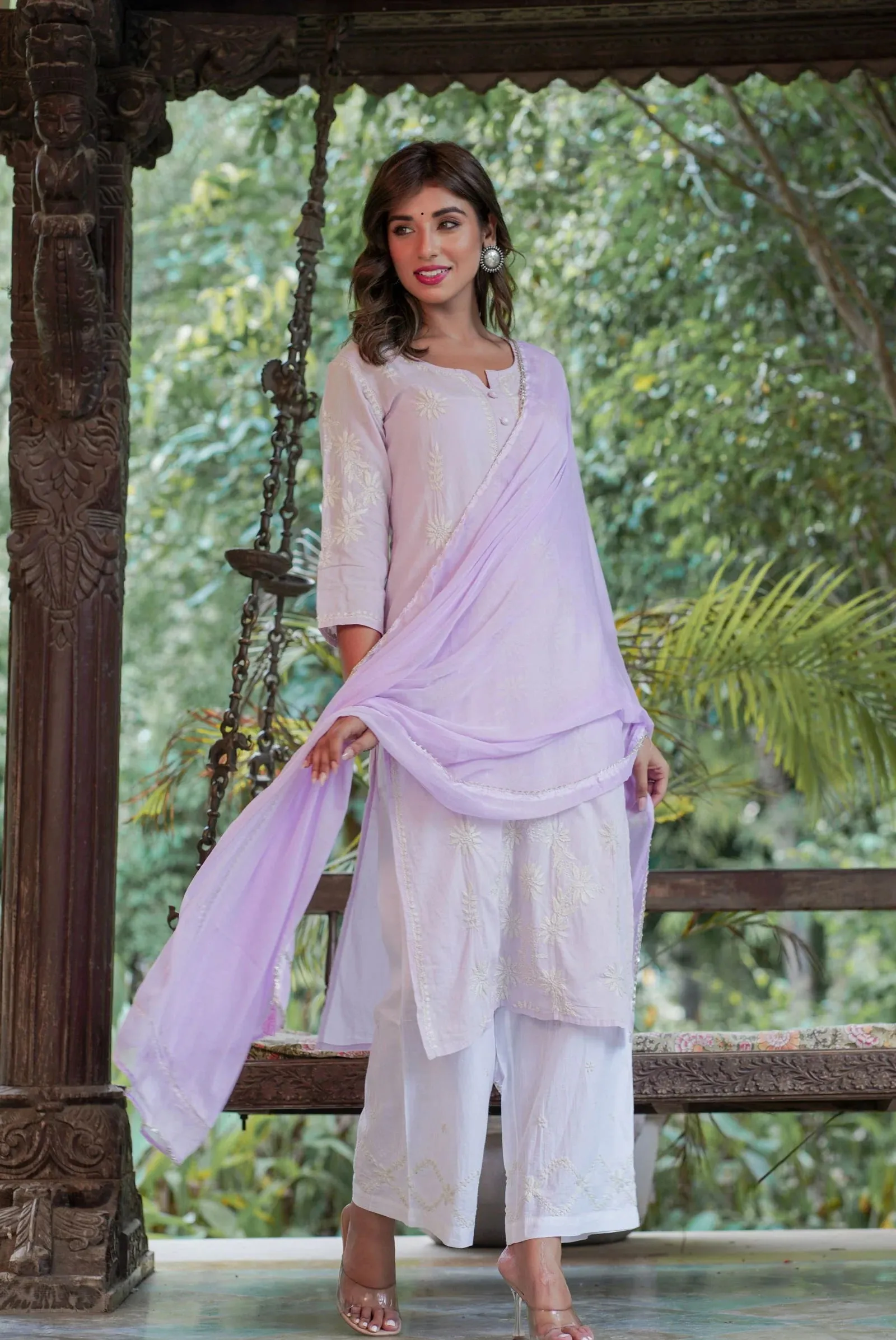 Purple Cotton Embroidered Chikankari Kurta