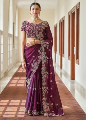 Purple Crape Dori, Resham,Cut-Work Designer Saree