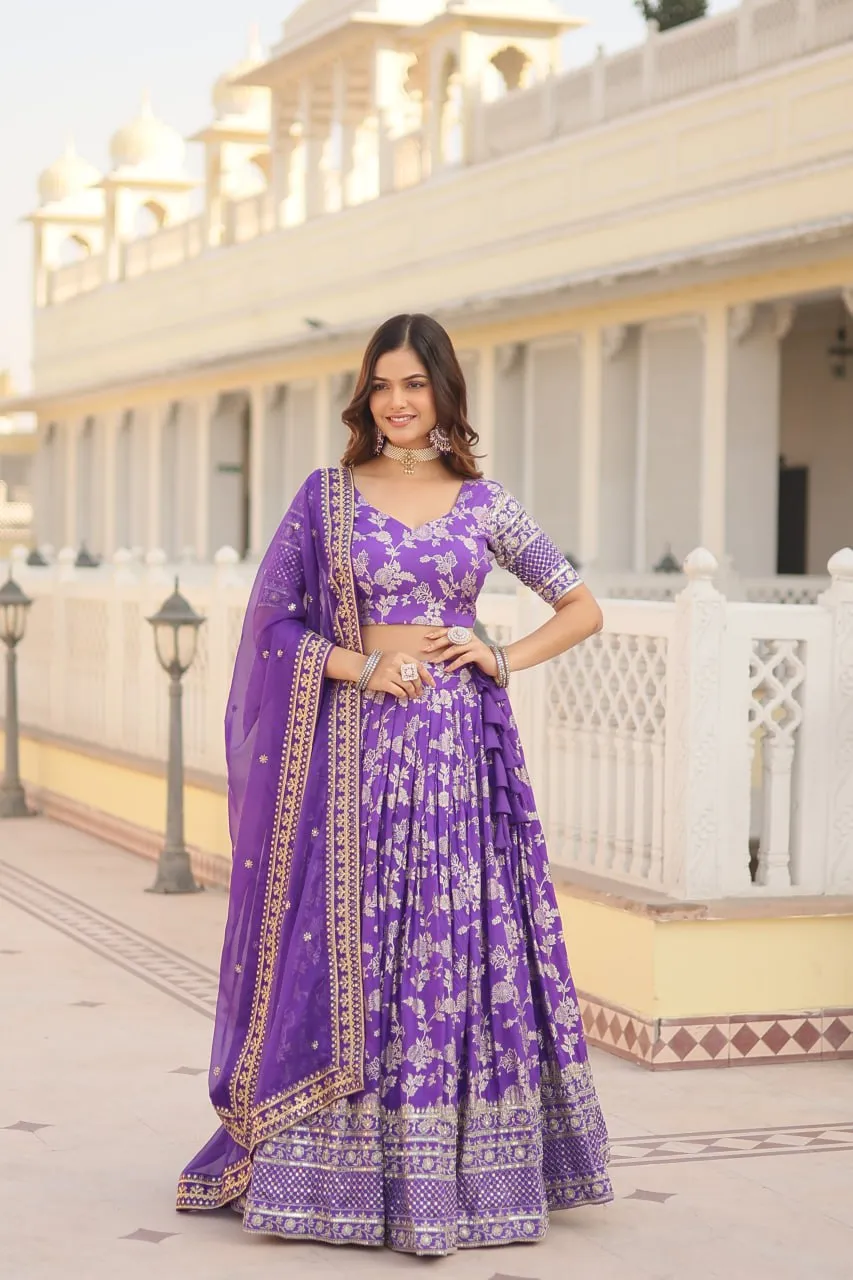 Purple Designer Dyeable Pure Viscose Jacquard Fabric Lehenga Choli & Dupatta Set