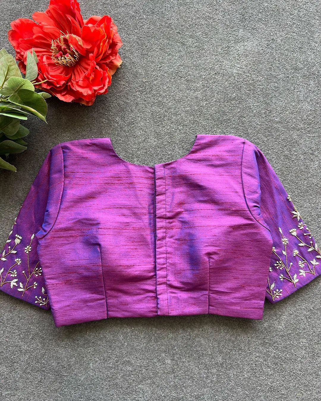 Purple Elzara Silk Blouse with Beautiful Handwork on Sleeves