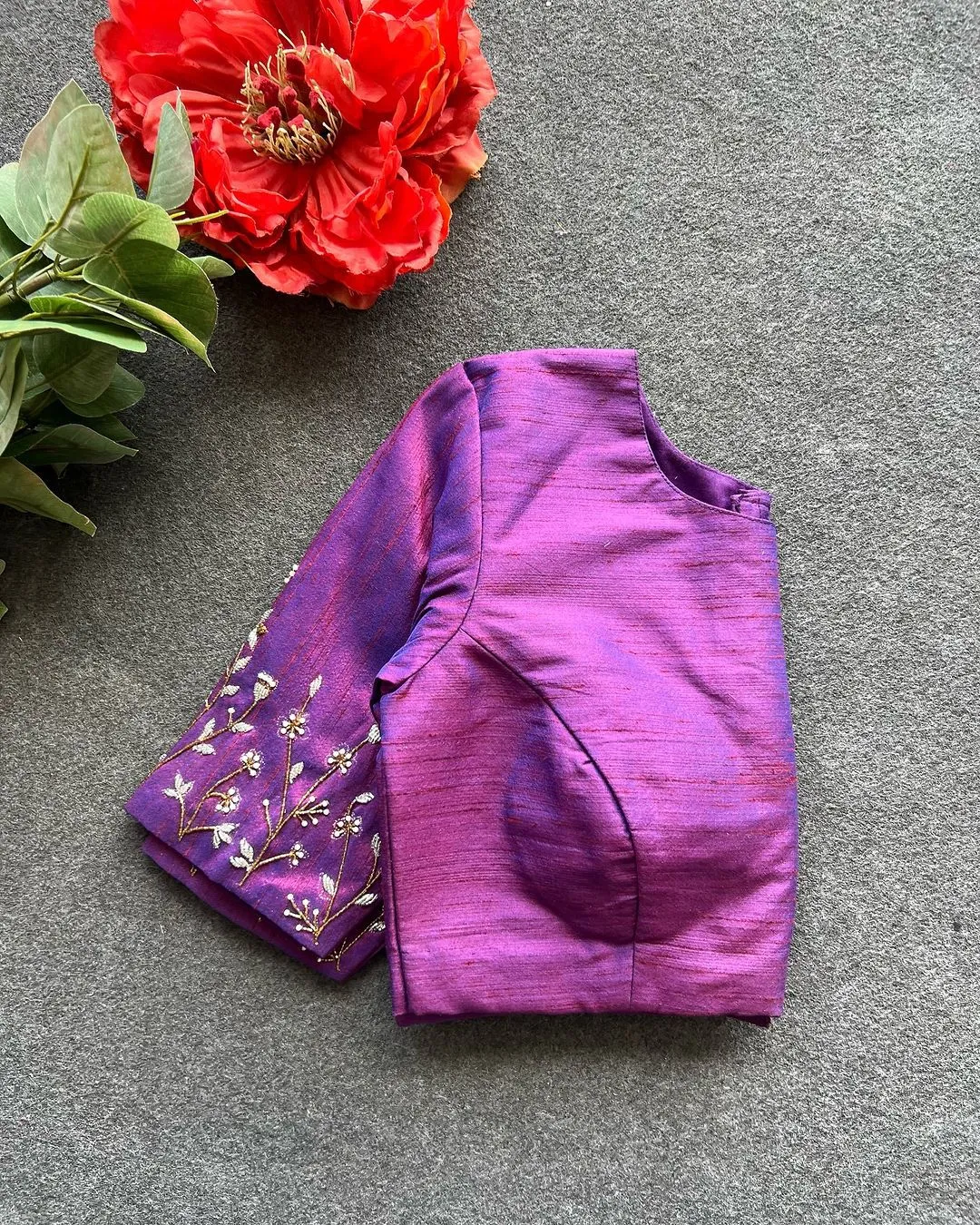 Purple Elzara Silk Blouse with Beautiful Handwork on Sleeves