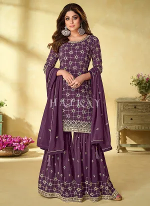 Purple Embroidered Celebrity Style Gharara Suit