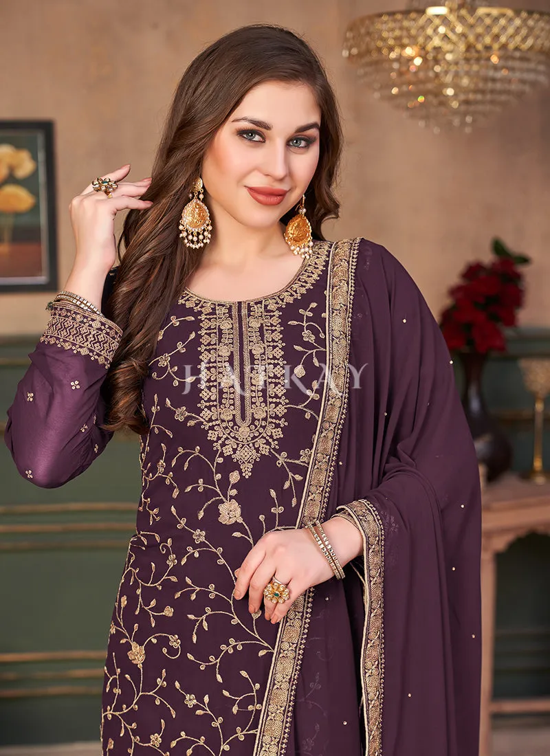 Purple Embroidered Georgette Palazzo Suit