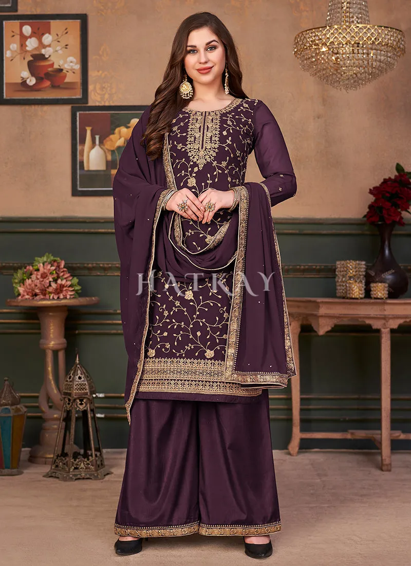 Purple Embroidered Georgette Palazzo Suit