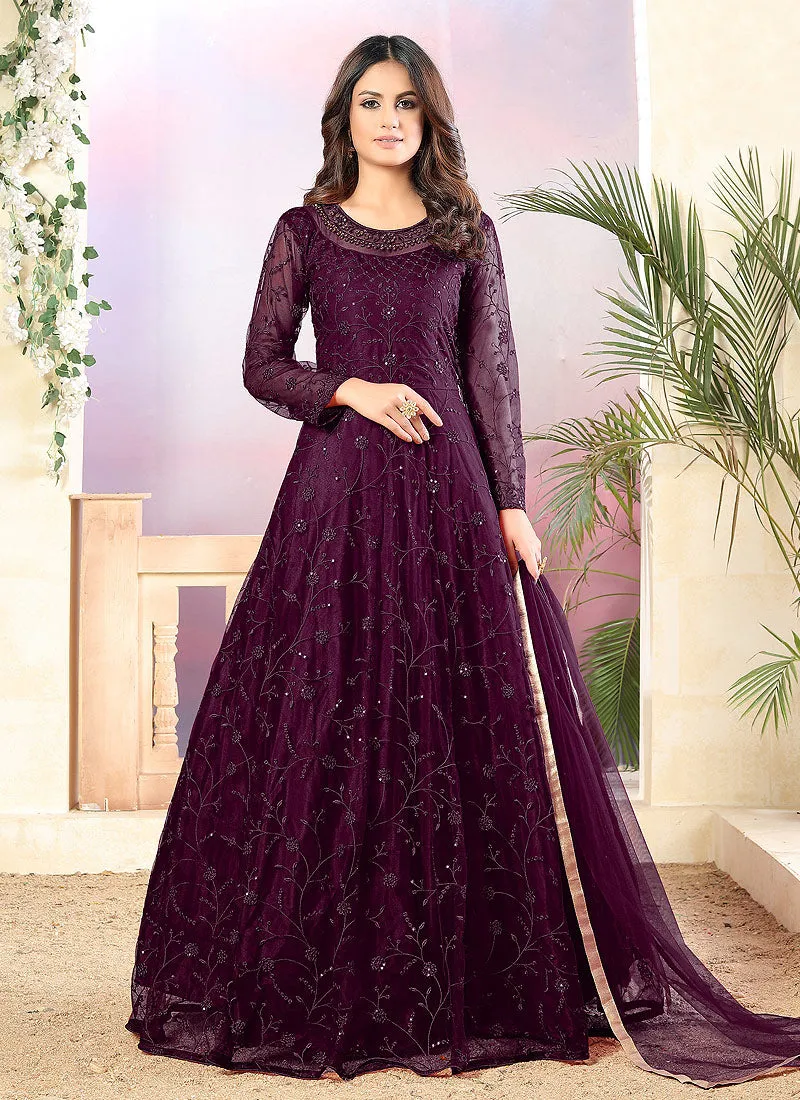 Purple Embroidered Net Anarkali Suit