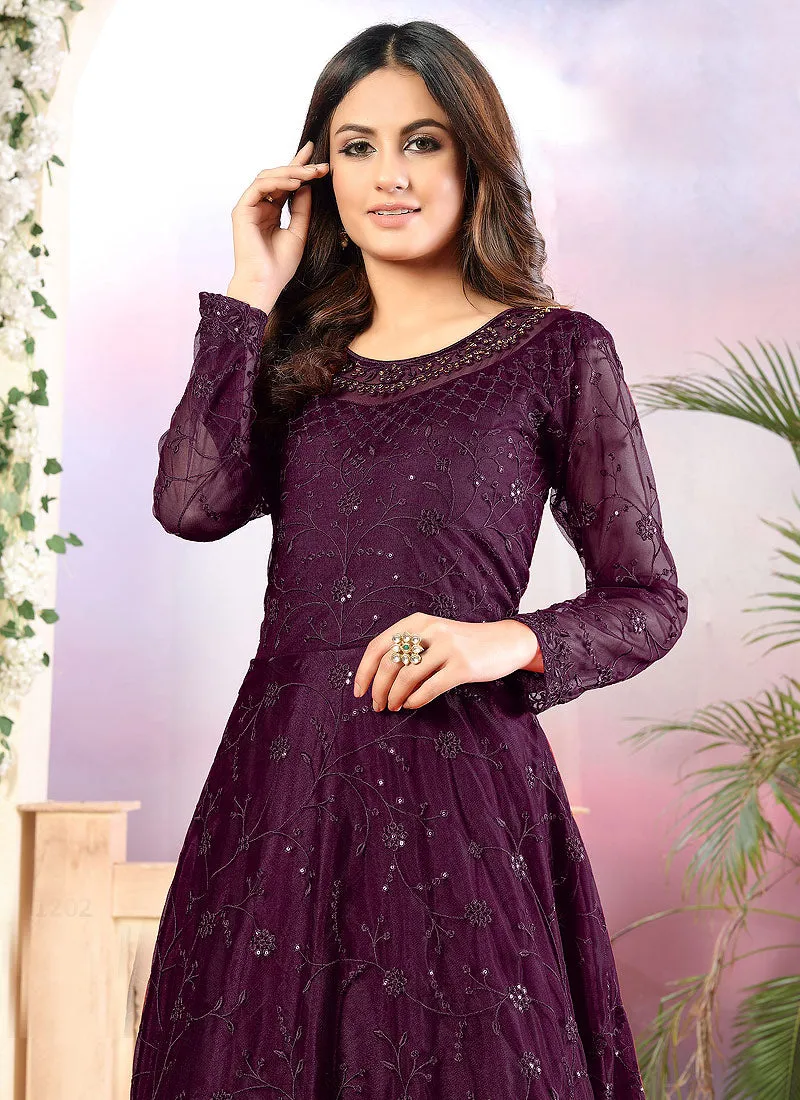 Purple Embroidered Net Anarkali Suit